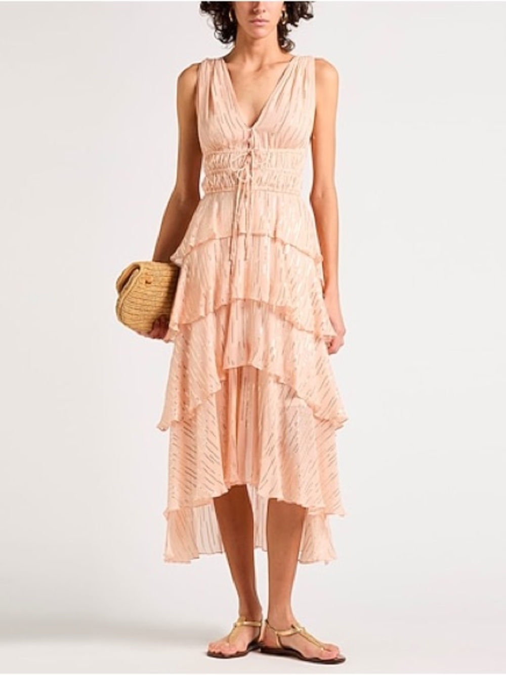 Maje Pink silk and lamé ruffle dress